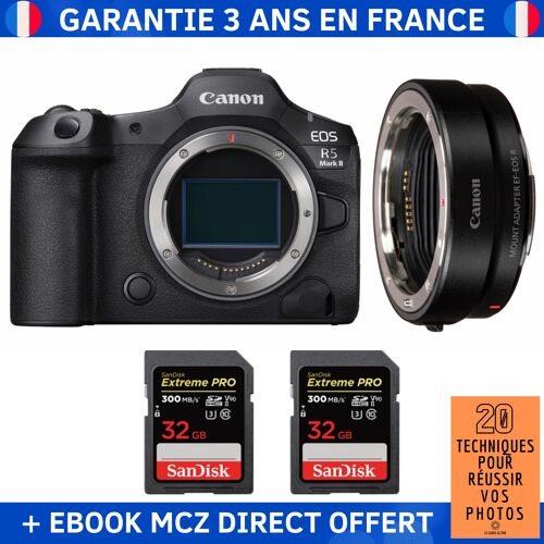 Canon EOS R5 Mark II + EF-EOS R + 2 SanDisk 32GB Extreme PRO UHS-II SDXC 300 MB/s + Ebook '20 Techniques pour Réussir vos Photos' - Appareil Photo Hybride Canon