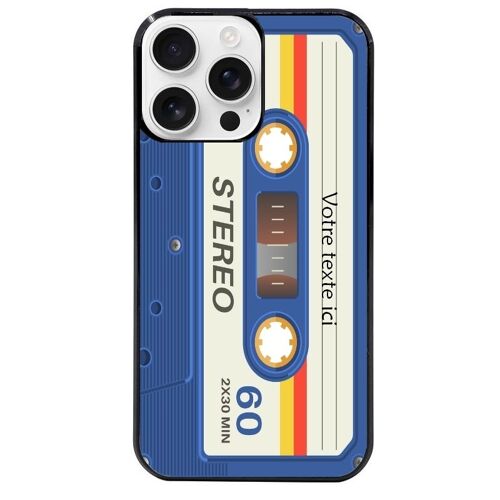Coque Noire Pour Iphone 16 Pro Cassette Bleu Avec Votre Texte