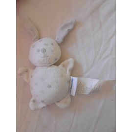Peluche Doudou Semi Plat Lapin Blanc Étoiles Gris Argenté 13 Cm Sans Compter Les Oreilles