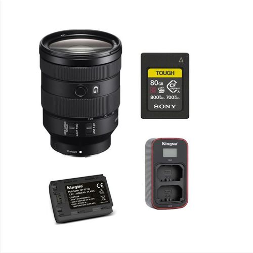 SONY FE 24-105 mm F4 G OSS Objectif + carte mémoire Sony CFexpress Type A TOUGH 80 Go + batterie Kingma 2000 mAh (Sony NP-FZ100) + chargeur double USB LCD Kingma ¿Sony NP-FZ100¿