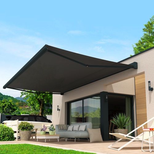 Store Banne Coffre Lebron 4,00x3,50 M (Motorisé Secours À Télécommande + Led - Gris Anthracite - Micro Perforée Gris P128)