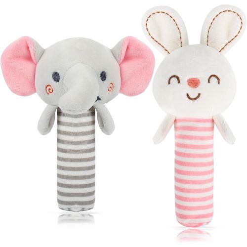 Hochet Bébé Peluche Grelots, 2 Pcs Jouet Bebe 0 3 6 Mois Pour Tout-Petits Garçons Filles Développement Sensoriel Cadeau - Développe La Motricité Et L'éveil De Votre Enfant - Lapin Et Éléphant