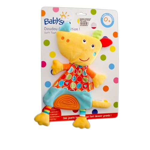 Doudou Chien Rhinocéros Jaune Orange Bleu Babysun - Anneau Dentition Imprimé