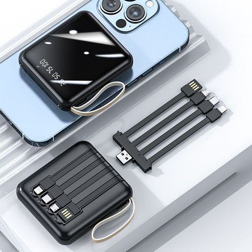 Batterie Externe Avec Câbles Intégrés, 5000mah Batterie Externe Chargeur Power Bank, 3 Sorties Et Led Display Chargeur Externe Pour Iphone/Ipad/Samsung Et Autres Appareils Intelligents (Noir)