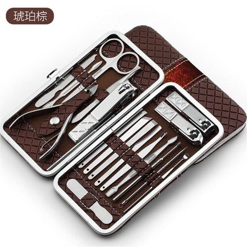 18pcs Brun - Kit De Manucure Et Pédicure En Acier Inoxydable,Ciseaux, Pince À Épiler, Couteau, Cure-Oreille, Coupe-Ongles, Outil De Soins Des Ongles, 30 # 