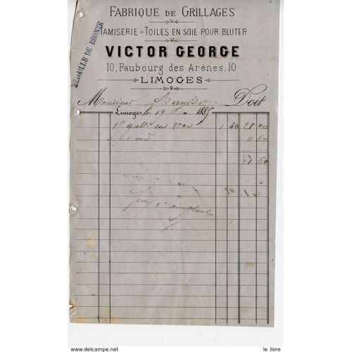 Limoges Petite Facture Victor George Fabrique De Grillages Tamiserie Toiles En Soie Pour Bluter 1885