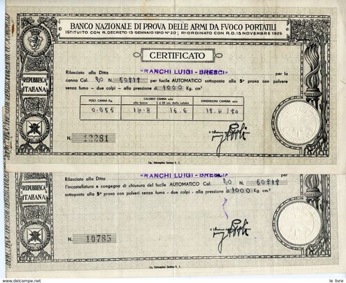 Italie Republica Italiana Banco Nazionale Di Prova Delle Armi Da Fvoco Portatili (Lot De 2 Documents)