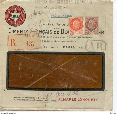 Enveloppe 1943 Avec Courrier Commercial. Ciments Francais De Boulogne Sur Mer Recommande Ar