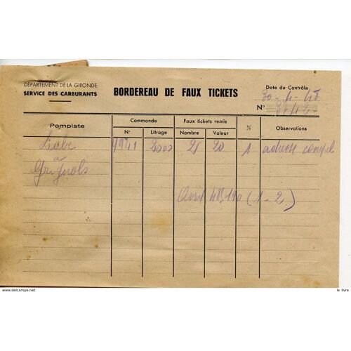 Rationnement Bordereau De Faux Tickets De Carburant Auto Gironde Grignols 1948