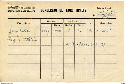 Rationnement Bordereau De Faux Tickets De Carburant Auto Gironde Fargues St Hilaire 1948