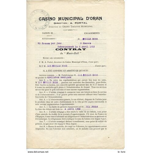 Casino D Oran Algerie. Agence Pasquier. Contrat D Engagement Des Shells Bros Cyclistes Comiques 1913