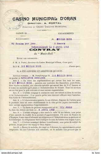 Casino D Oran Algerie. Agence Pasquier. Contrat D Engagement Des Shells Bros Cyclistes Comiques 1913