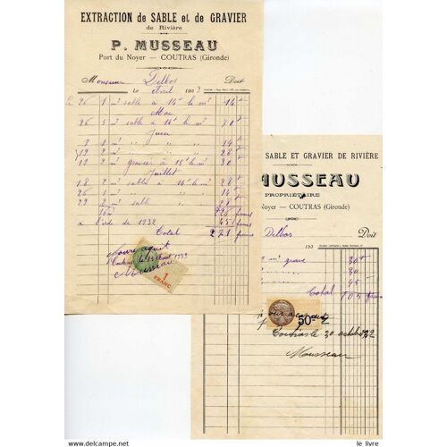 Lot De 2 Facturettes Extraction Sable Et Gravier P. Musseau A Coutras 1933