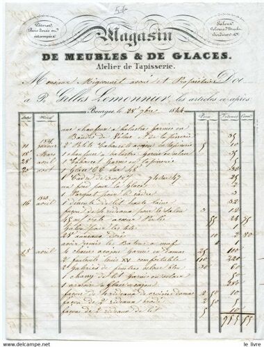 Facture Magasin De Meubles Et De Glaces Atelier De Tapisserie Gilles Lemonnier A Bourges 1844