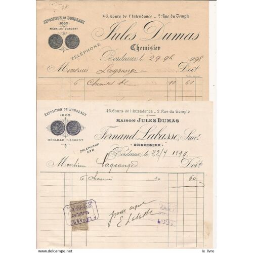 Bordeaux 33 Lot De 4 Factures Jules Dumas Chemisier 1894 1898