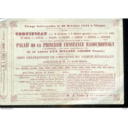 Autriche Vienne 1845. Certificat De 6 Action Vente Publique Du Palais De La Princesse Constance Rasoumoffsky