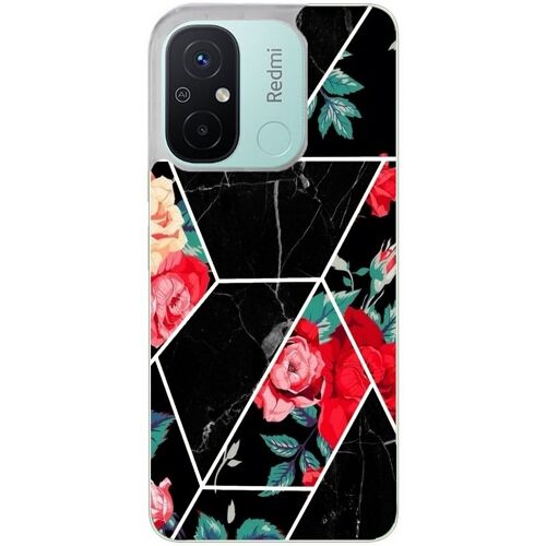 Coque Pour Redmi 12c Et 11a Marbre Noir Et Fleur Rouge