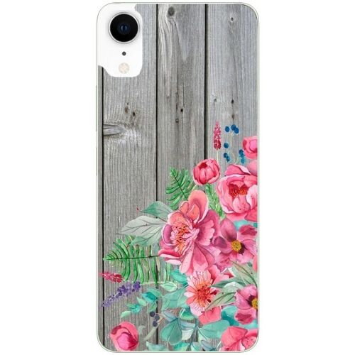 Coque Pour Iphone Xr Bois Gris Fleur Rose