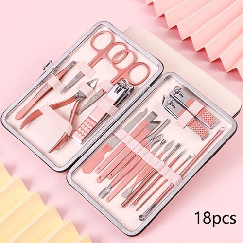 18pcs Rose - Ensemble De Manucure Et Pédicure,En Acier Inoxydable, Pour Enlever Les Cuticules De La Peau, Ciseaux, Pinces, Lime À Ongles 