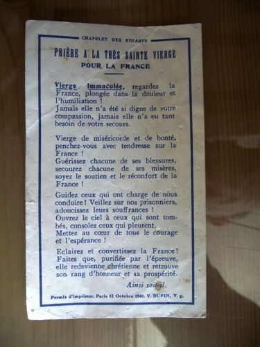 Chapelet Des Enfants.Prière À La Très Sainte Vierge Pour La France Octobre 1940