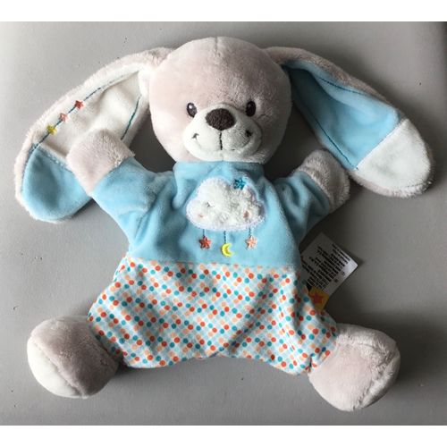 Doudou Marionnette Lapin Gris Blanc Bleu Nuage Pois Multicolores Influx