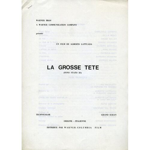 La Grosse Tête, Dossier De Presse, Alberto Lattuada, Giancarlo Giannini, Silvia Monti, Hiram Keller