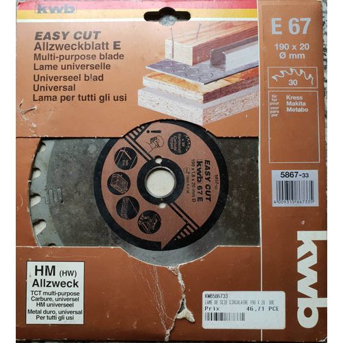 LAME SCIE MULTI MATERIAUX KWB 190 X 20 X 1,8 (30 DENTS REAFFUTABLE)