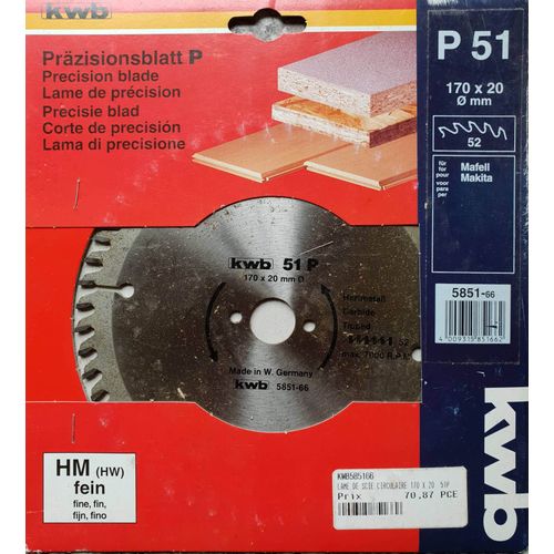 LAME SCIE 170 X 20 52 DENTS KWB REAFFUTABLE