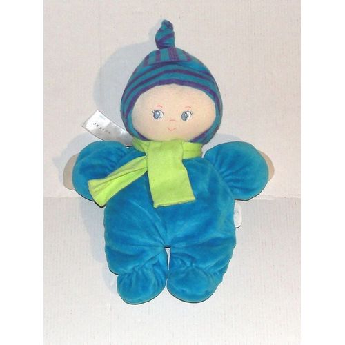 Doudou Corolle Poupée Bébé Bleu Echarpe Verte
