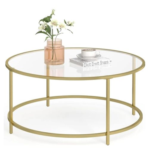 Table Basse Ronde En Verre Et Métal Doré 84cm De Diamètre Neuve