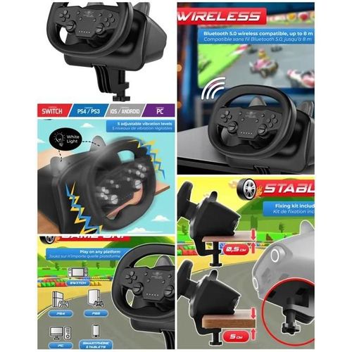 Volant De Jeu Video Bluetooth Pro Race Pro Rwpabk Compatible Ios Android Ps3 Ps4 Switch Pc Spirit Of Gamer