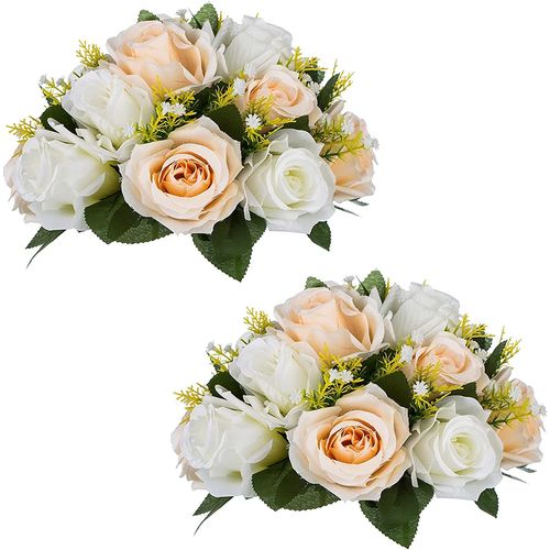 2Pcs Fleurs Artificielles,Rose en Soie avec Base,Convient au Centre de la Table Mariage pour Les Fêtes Décoration de Saint Valentin(Champagne&Blanc)