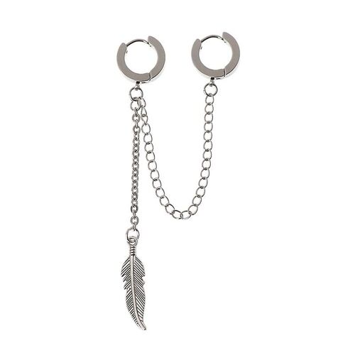 Trendy Titanium Feather Pendentif Boucles D'oreilles Double Long Chain Leaf Boucles D'oreilles