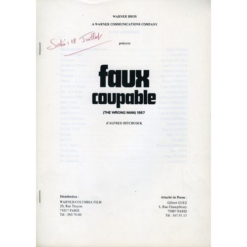 Faux Coupable, Dossier De Presse, De Alfred Hitchcock, Avec Henry Fonda, Vera Miles, Anthony Quayle