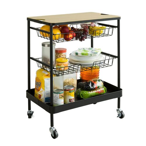 SoBuy SVW09-SCH Chariot de Bar Chariot de Rangement à l'île de Cuisine Desserte à roulettes Chariot de Service Roulant avec Plateau Repas Amovible, 2 paniers et 1 étagère 60 x 40 x 77 cm