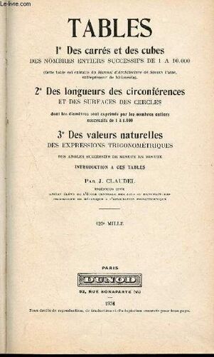 Tables - 1° Des Carrés Et Des Cubes Des Nombres Entiers Successfis De 1 À 10.000 - 2° Des Longueurs Des Circonférences Et Des Surfaces Des Cercles Dont Les Diamètres Sont Exprimés Par Les Nombres(...)