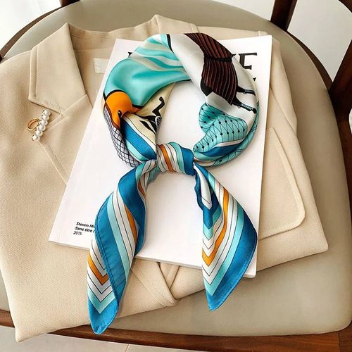 Foulard Carré En Soie Imprimé Cheval Quatre Saisons,70x70cm,Bandeau Quatre Saisons À La Mode,Châle De Protection Solaire De Luxe,Bandanas,Nouvelle Collection--Bleu