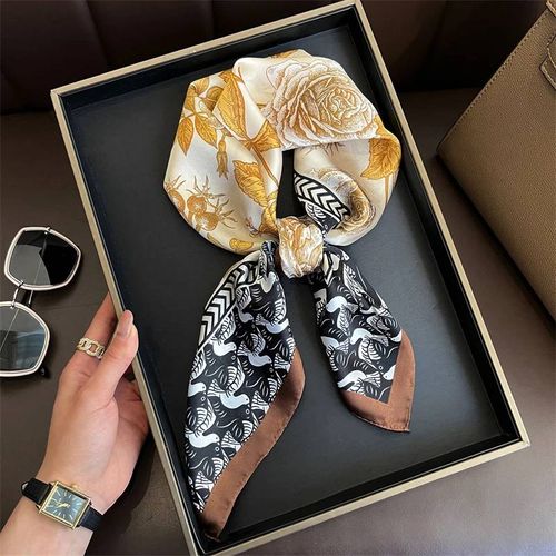 70cm Carré Citron Imprimé Jaune Carré Foulard En Soie Décontracté Élégant Mince Respirant Cou Femmes Coupe-Vent Tête Enveloppement Foulards De Cheveux-70x70cm-Jnc648-03