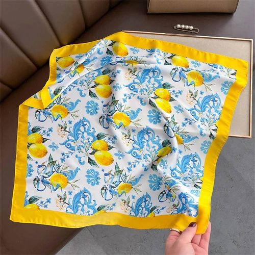 70cm Carré Citron Imprimé Jaune Carré Foulard En Soie Décontracté Élégant Mince Respirant Cou Femmes Coupe-Vent Tête Enveloppement Foulards De Cheveux-70x70cm-Jnc1033-01