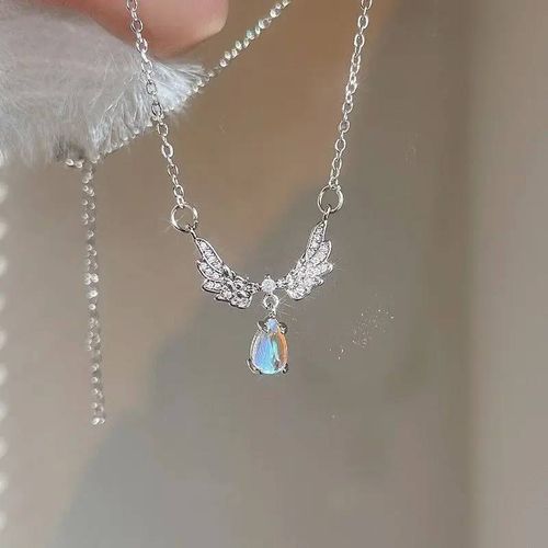 Collier Pendentif Ailes D'ange De Luxe Léger Pour Femmes,Collier De Clavicule En Pierre De Lune Exquise,Bijoux De Mariage Délicats--Wing