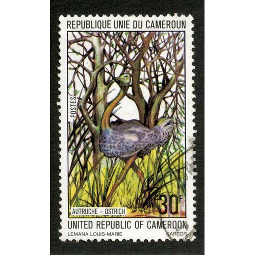 Timbre Oblitéré République Unie Du Cameroun, Autruche, Ostrich, 30 F, Postes, Lemana Louis-Marie, Cartor