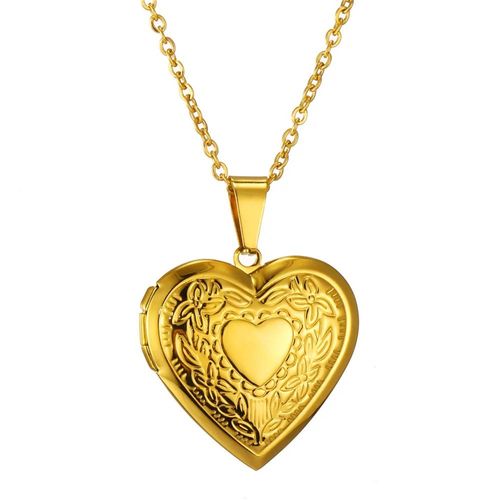 Pendentif Médaillon En Forme De C?ur Romantique,Ouvrable,Couleur Argent,Cadre Photo En Acier Inoxydable,Collier À Breloques Pour Femmes Et Hommes,Bijoux Cadeau--Gold Color