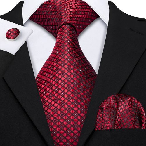 Rouge Soie Hommes Cravate Hanky Boutons De Manchette Ensemble Bordeaux Marron Écarlate Carmine Rose Jacquard Cravate Pour Homme Fête De Mariage-N-0704-