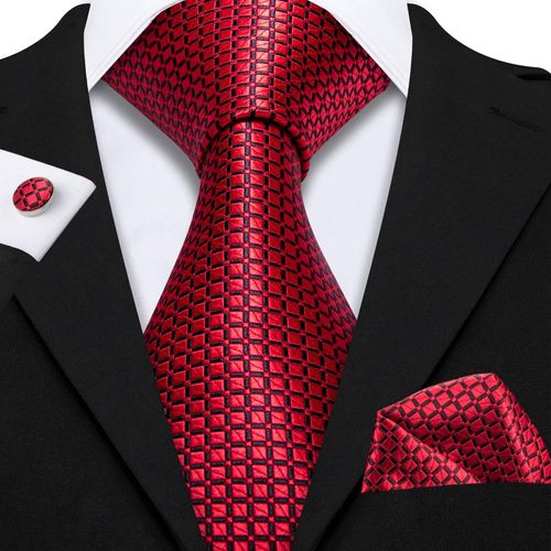 Rouge Soie Hommes Cravate Hanky Boutons De Manchette Ensemble Bordeaux Marron Écarlate Carmine Rose Jacquard Cravate Pour Homme Fête De Mariage-N-1573-