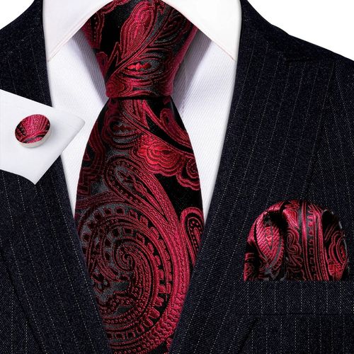 Rouge Soie Hommes Cravate Hanky Boutons De Manchette Ensemble Bordeaux Marron Écarlate Carmine Rose Jacquard Cravate Pour Homme Fête De Mariage-N-5410-
