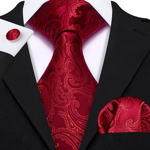 Rouge Soie Hommes Cravate Hanky Boutons De Manchette Ensemble Bordeaux Marron Écarlate Carmine Rose Jacquard Cravate Pour Homme Fête De Mariage-N-6691-