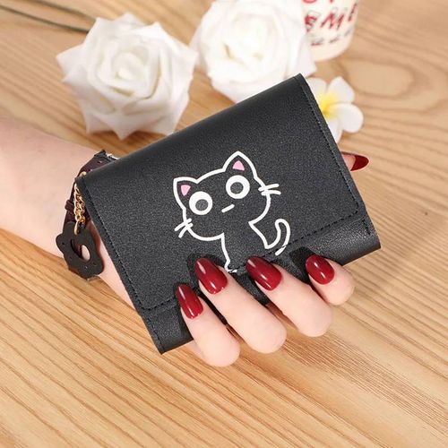 Portefeuille chat mignon pour femmes,petit porte-monnaie court en cuir PU,porte-carte pour dames,sac d'argent à loquet,portefeuille créatif à la mode,cadeau pour filles--Black