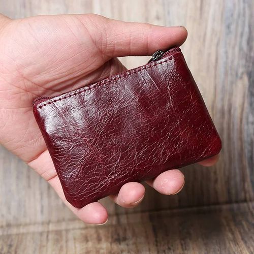 Mini porte-monnaie en cuir unisexe,Simple,Portable,première couche de peau de vache,rétro,fait à la main,fermeture éclair,petit portefeuille,étui pour clés--Burgundy