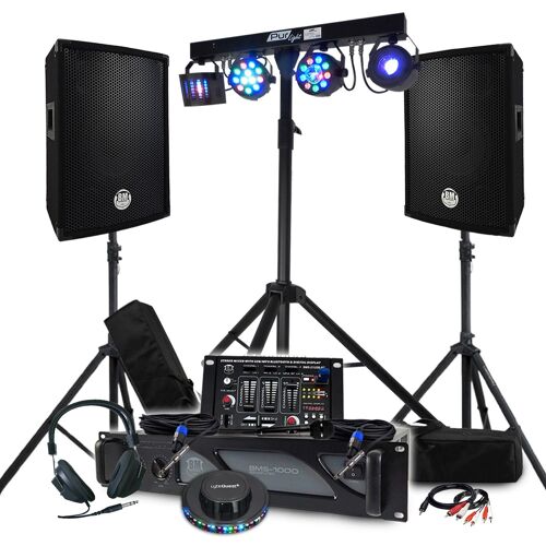 Pack DJ Sono 1600W BM SONIC Ampli 1000W, Paire d'Enceintes 600W, Table de Mix, +48 effets lumières, Pieds, OVNI LED, Fête Soirée