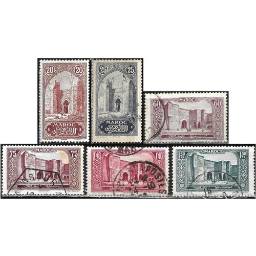 Maroc, Protectorat Français 1923 / 26, Beaux Timbres Yvert 104 106 Porte De Chella Près De Rabat Et 114 115 118 119 Porte Bab-El-Mansour À Meknès, Oblitérés, Tbe